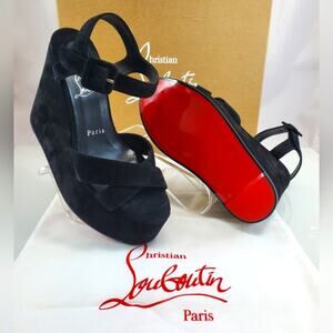 NWT$1,195 LOUBOUTIN Supramariza 130 Black Velvet Suede Wedge Heels Sandals Sz 37